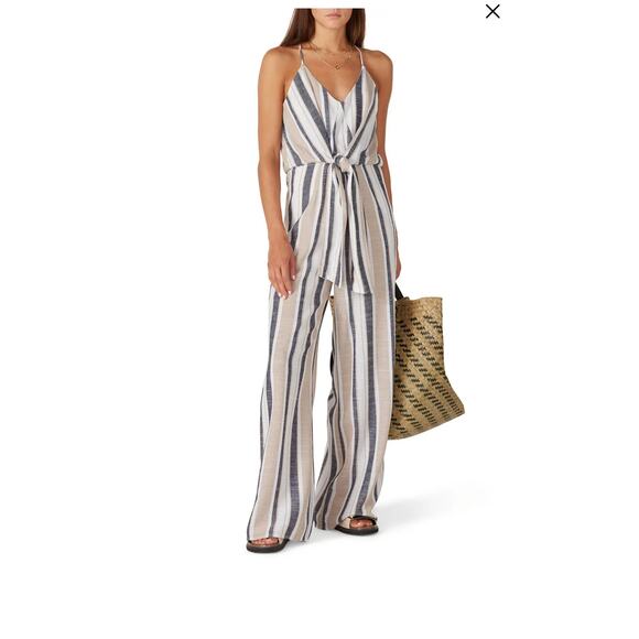 Louna womens blue striped linen flowy relaxed wide leg racer back jumpsuit - Picture 1 of 14
